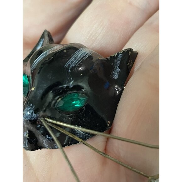 RARE Vintage Unsigned CORO CAT Head Fur Clip Rhinestone Eyes Black Cat - Picture 10 of 16